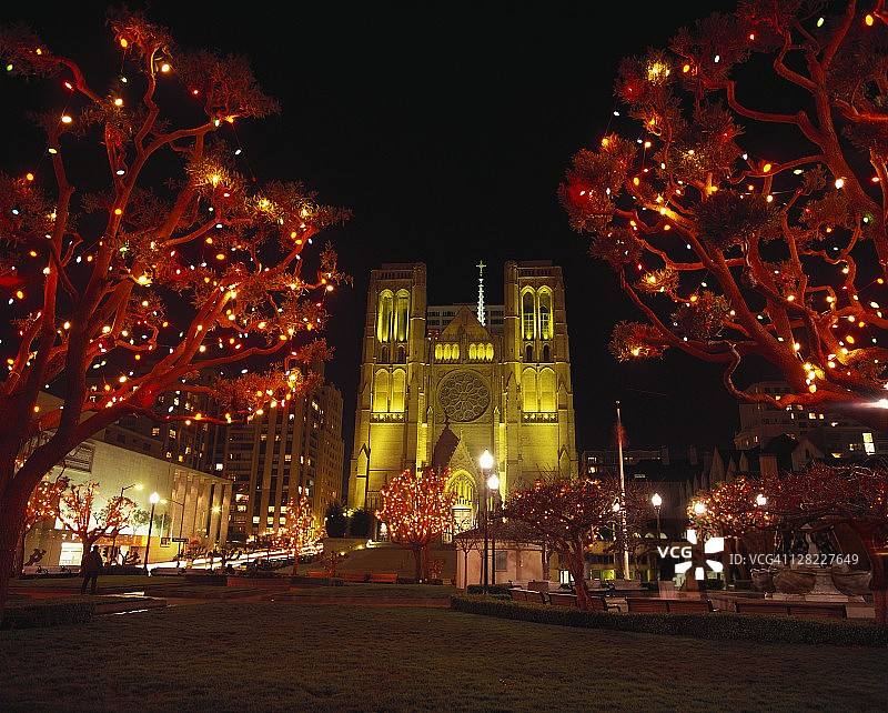 旧金山，格雷斯大教堂，圣诞时间“诺布山”图片素材