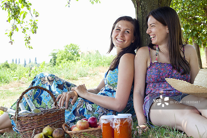 微笑的妇女在果园野餐图片素材