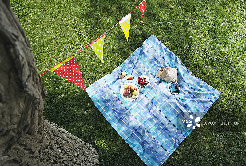 意大利，托斯卡纳，野餐毯上有食物和国旗线图片素材