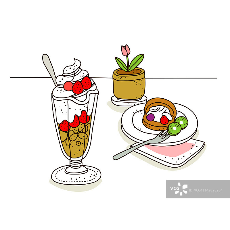 冰淇淋和蛋糕，背景是盆栽植物图片素材