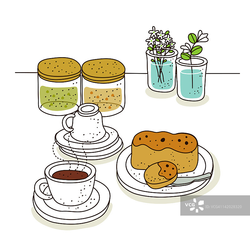 咖啡和蛋糕，背景是花盆图片素材