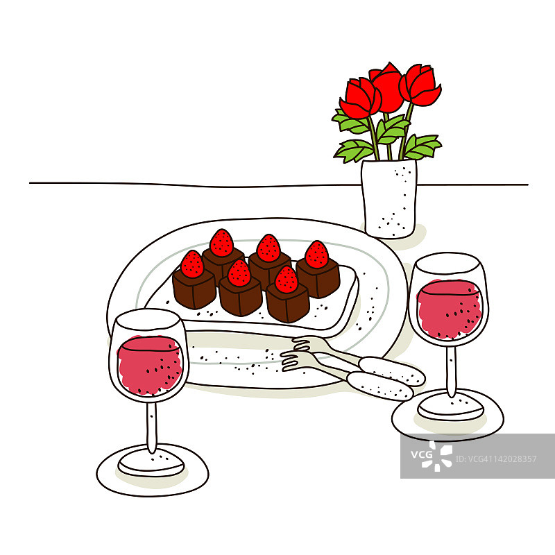 蛋糕和酒与花瓶在白色的背景图片素材
