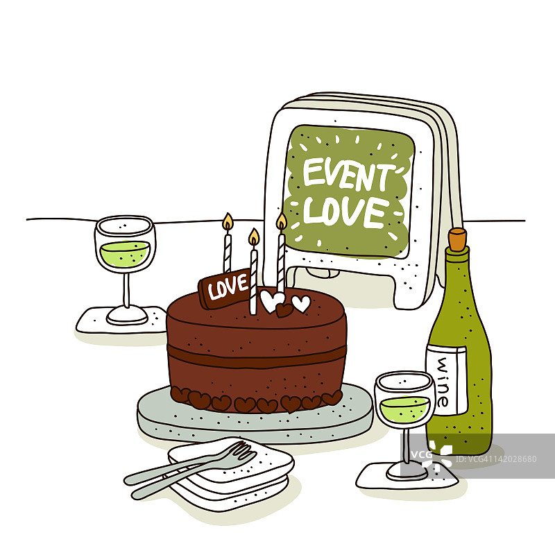 蛋糕和酒瓶的插图图片素材