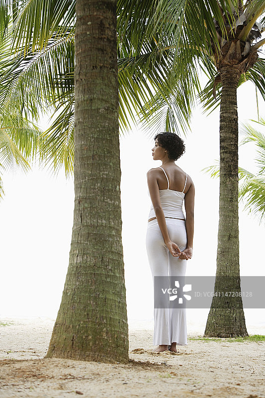 一个女人站在椰子树下望着大海。图片素材
