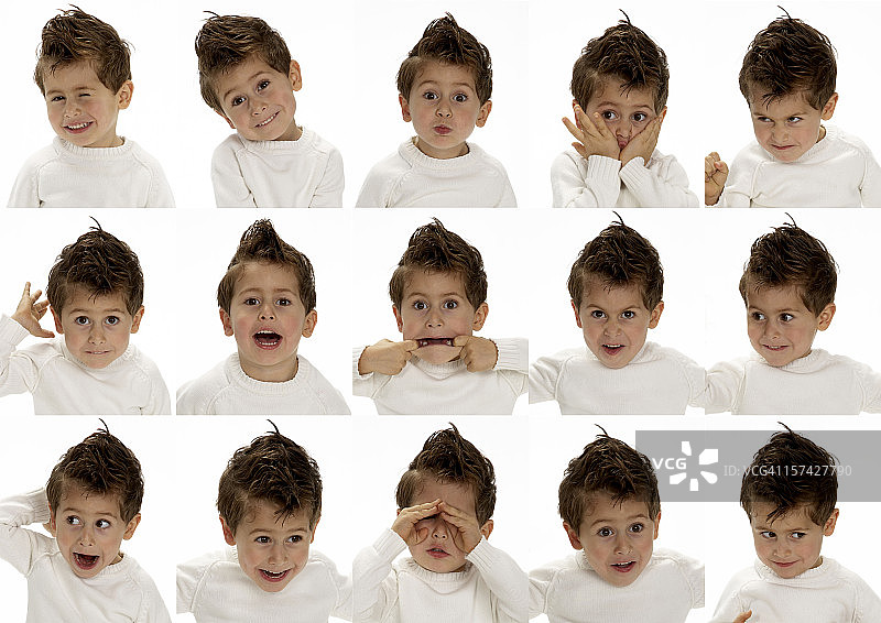 可爱的小男孩做了15个不同的表情。图片素材