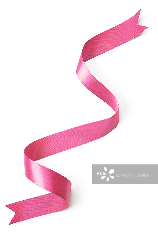 粉红色卷曲的丝带，花哨的结束，在纯白色的背景图片素材