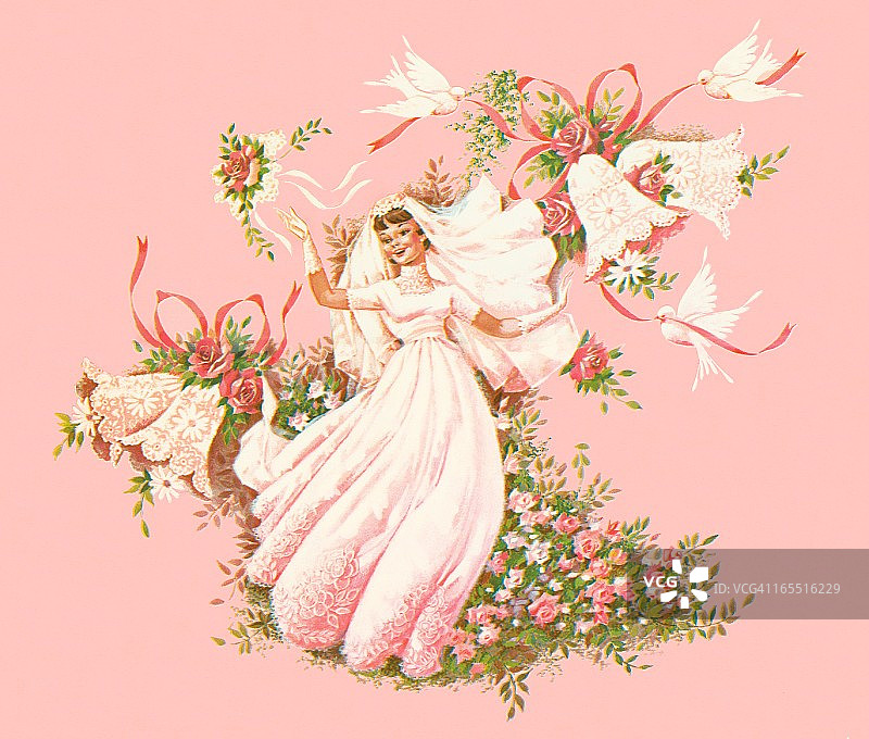 粉色背景上的鲜花新娘图片素材