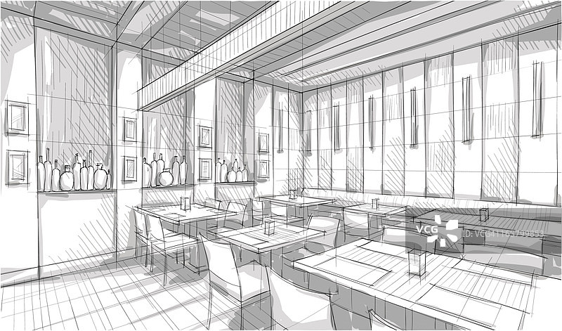 艺术家用铅笔绘制的小餐厅用餐区图片素材
