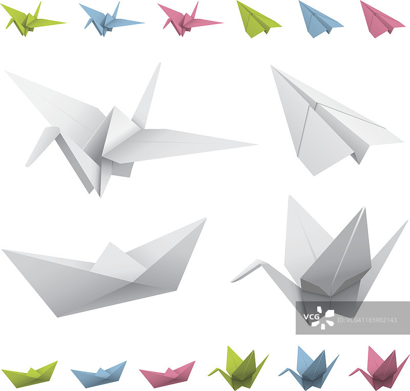 排列纸鹤、飞机和船的图纸图片素材