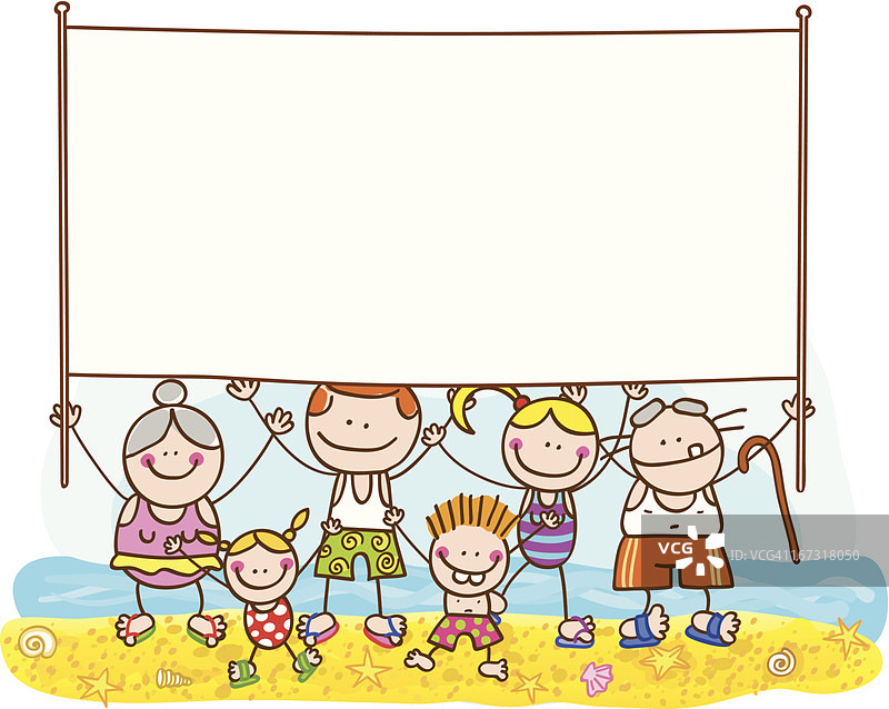 夏季家庭与旗帜矢量卡通插图图片素材