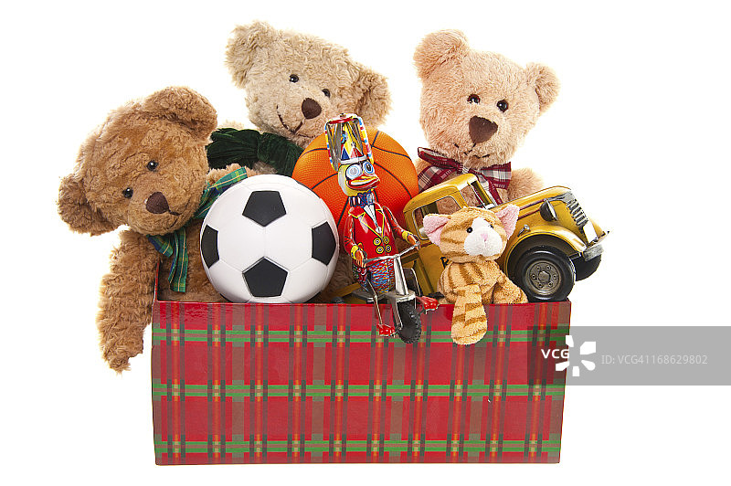 泰迪熊，球和玩具捐赠箱图片素材