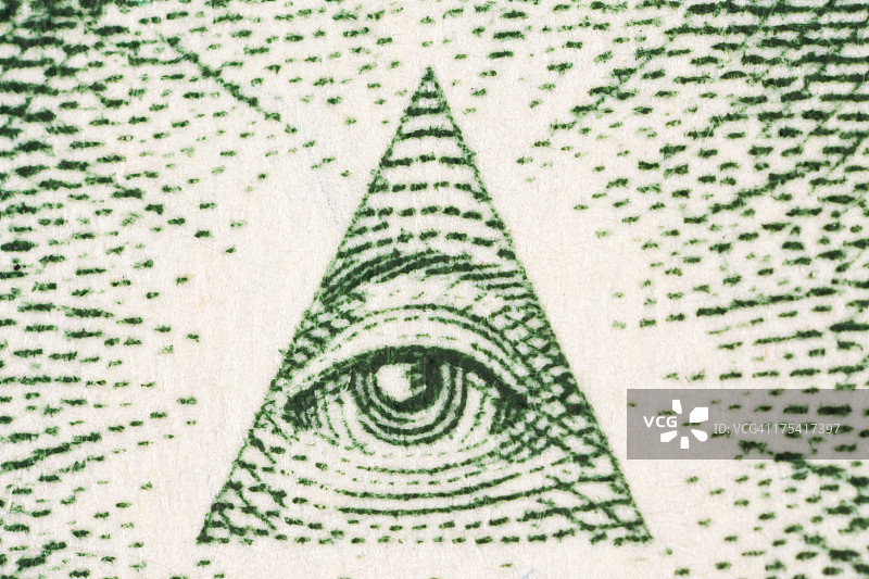 极端宏观一美元纸币金字塔眼图片素材