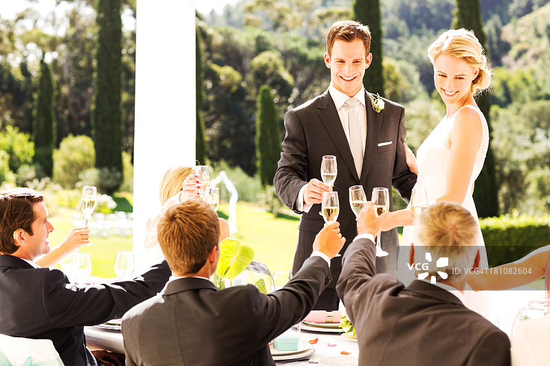 新娘和新郎在婚宴上与客人举杯互敬香槟图片素材