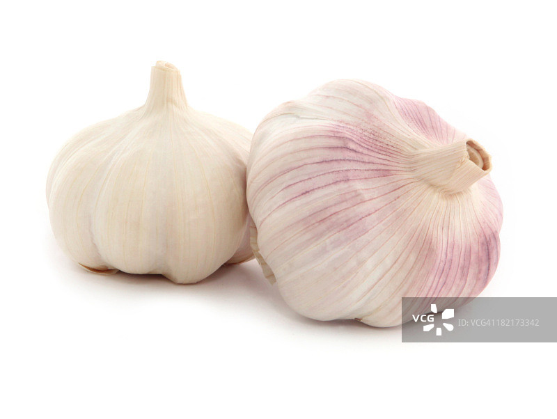 两个完整的大蒜，一个在白色的背景上呈紫色图片素材