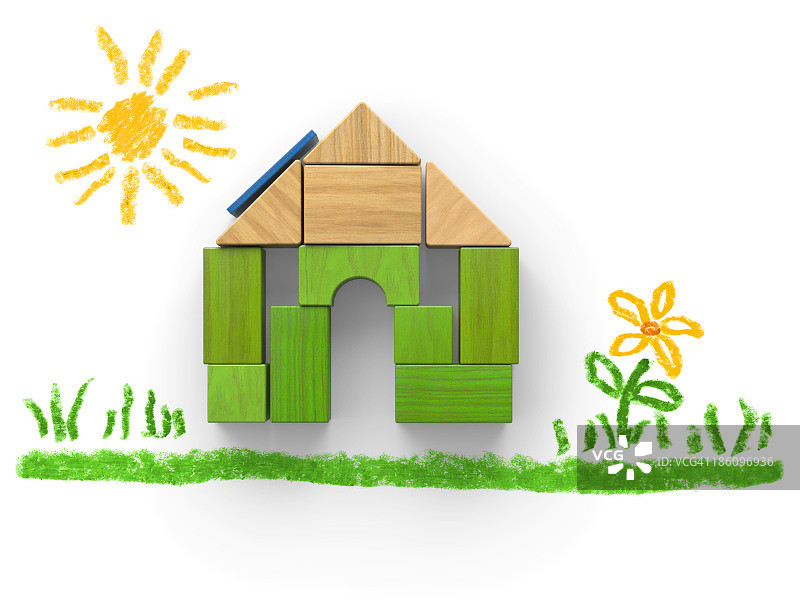 绿色房屋的木块与图纸图片素材