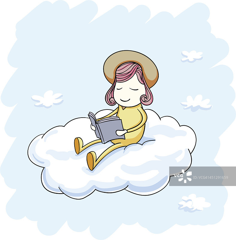 小女孩坐在云上看书图片素材