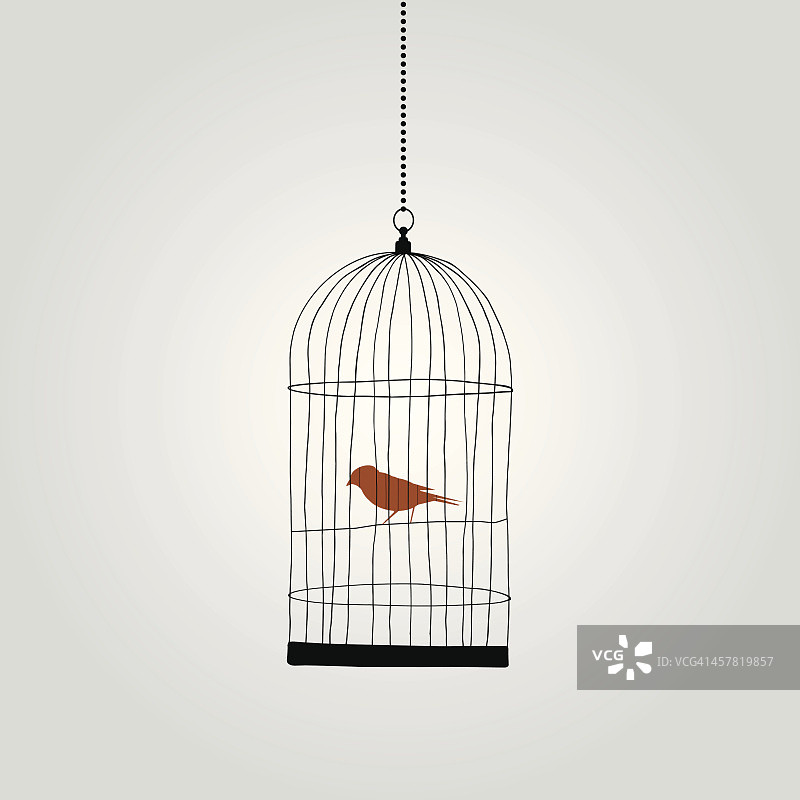 孤独的红鸟在鸟笼里。矢量图图片素材