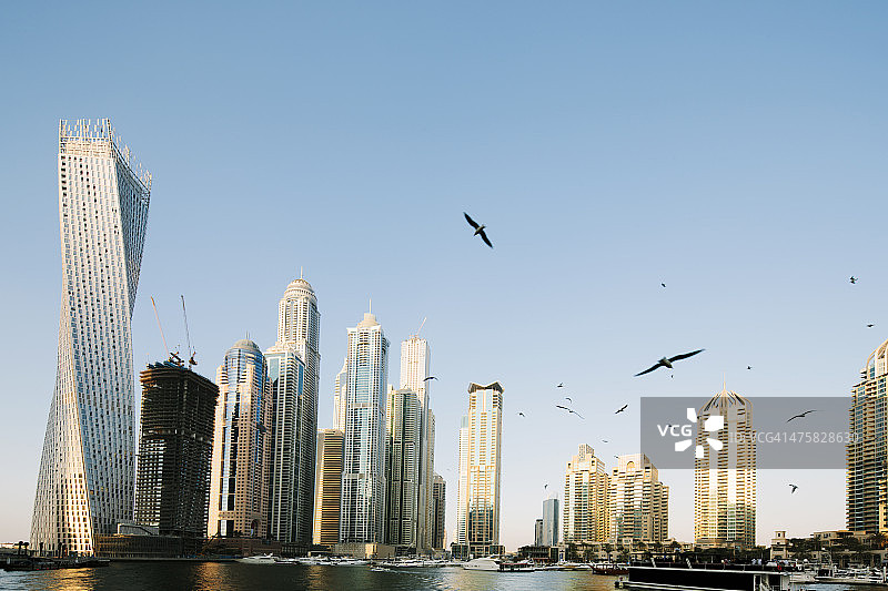 迪拜的现代摩天大楼，海滨城市景观，天际线。天空晴朗，还有海鸟图片素材