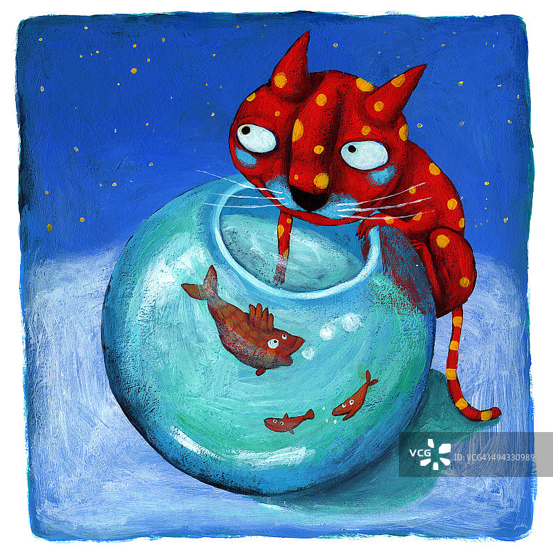 猫捉鱼的插图，代表饥饿图片素材
