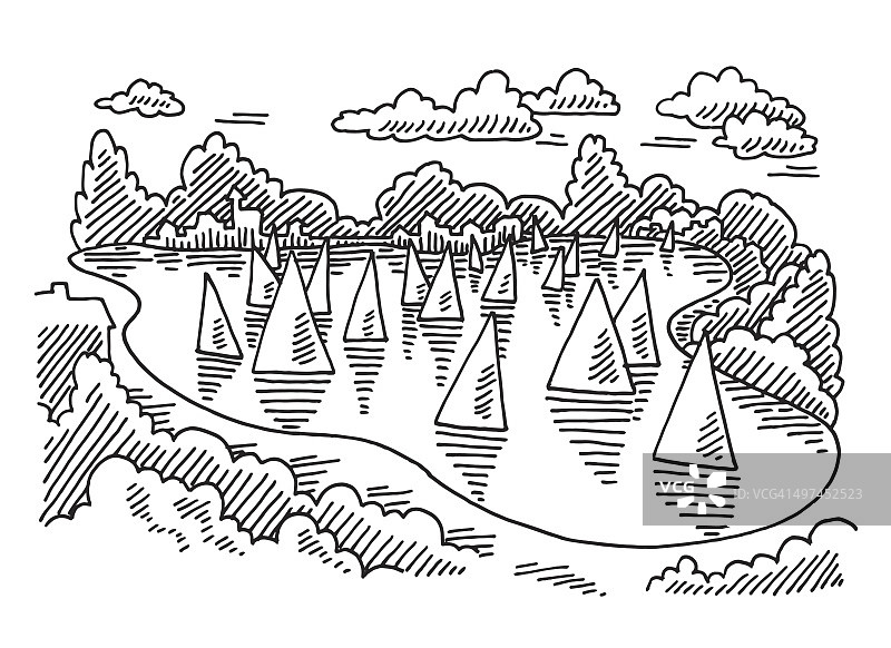 湖帆船比赛绘画图片素材