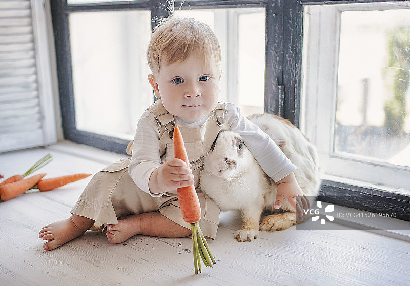 快乐的1岁白人男孩抱着一只兔子，拿着一根胡萝卜图片素材
