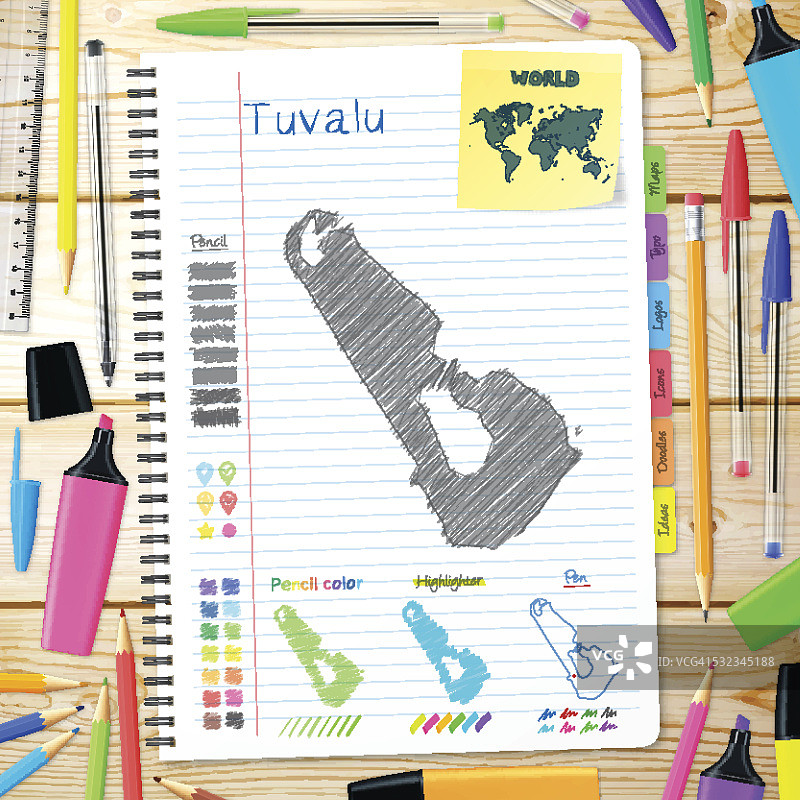 图瓦卢地图手绘在笔记本上。木制背景图片素材
