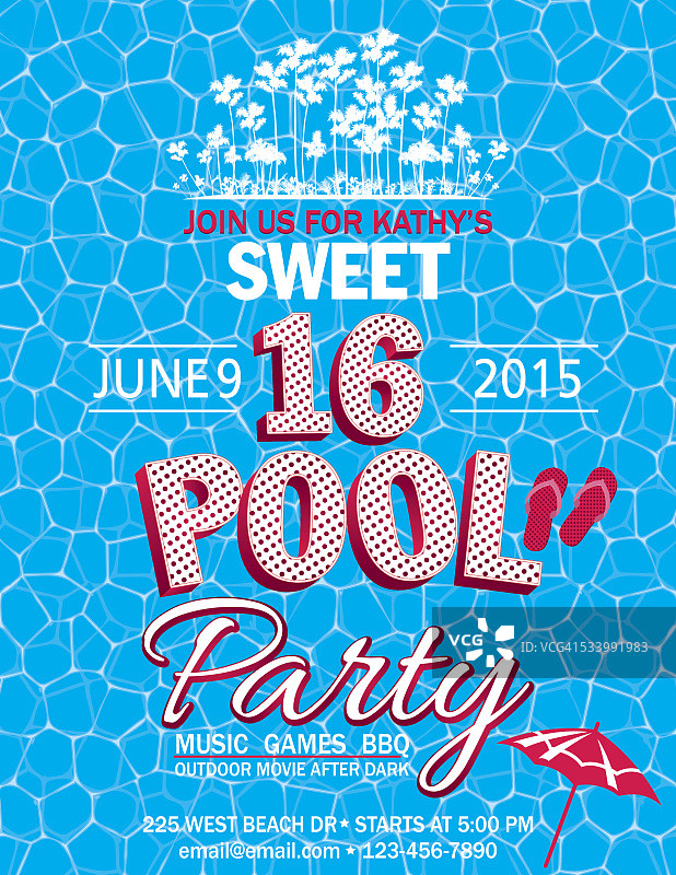 甜蜜的16泳池派对邀请与水棕榈树图片素材