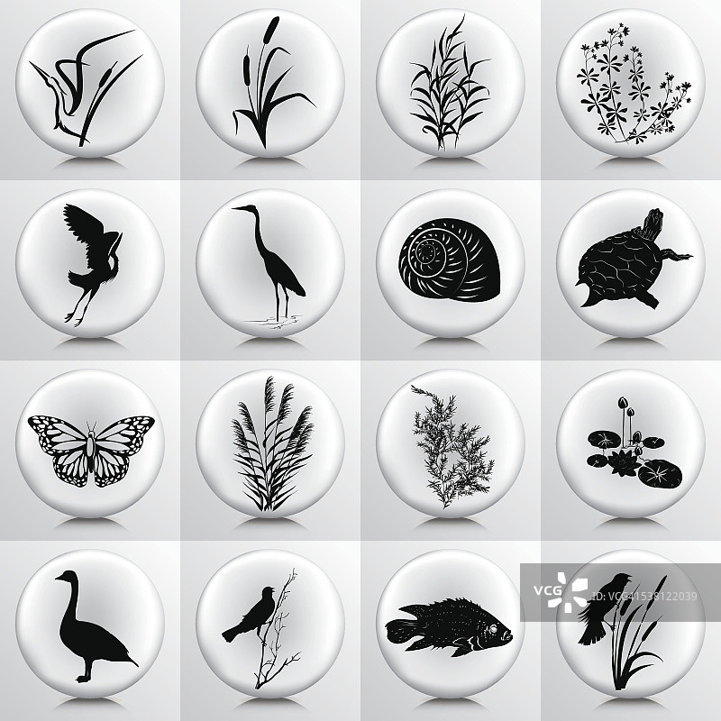 湿地图标与沼泽植物，鸟，鱼在灰色按钮图片素材