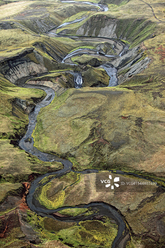 鸟瞰图蜿蜒的河流，landmanalaugar，冰岛图片素材