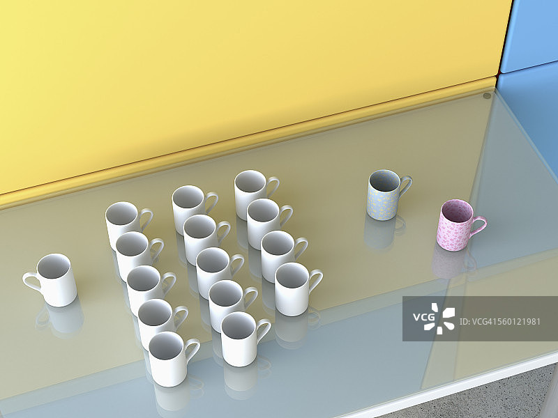 玻璃桌上摆放不同的咖啡杯，3D渲染图片素材