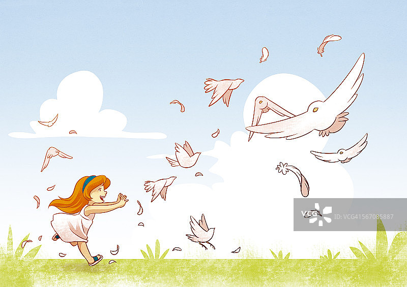 女孩追逐着飞过田野的鸟儿图片素材