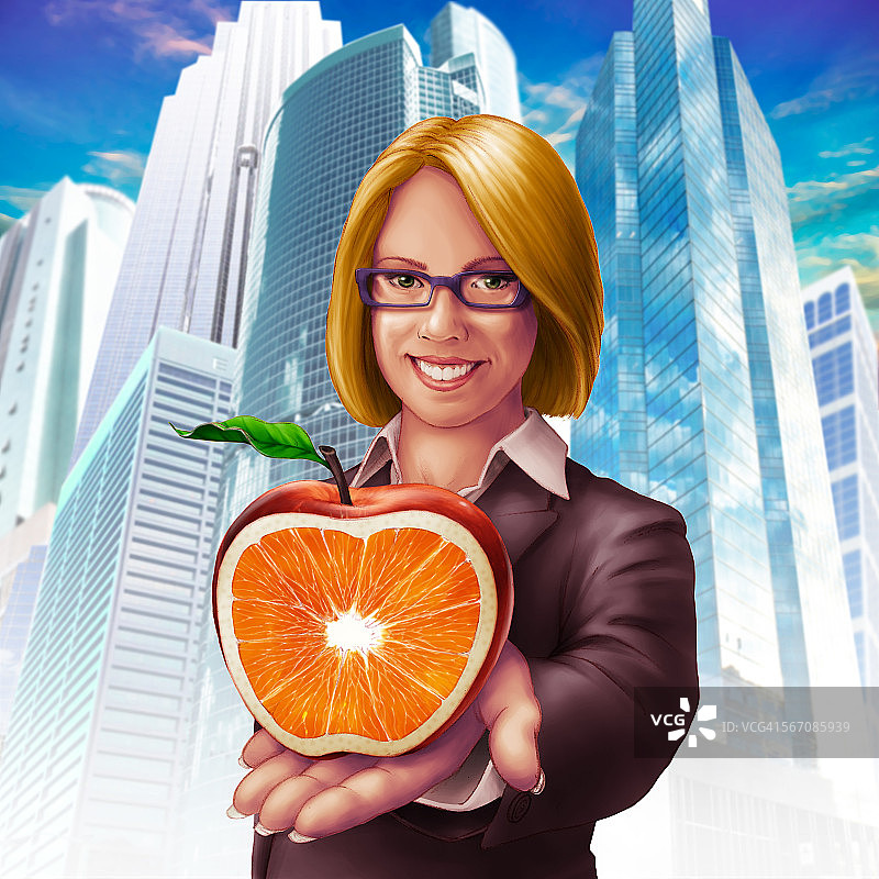 女商人拿着半个苹果和橘子浆作为基因融合的概念图片素材