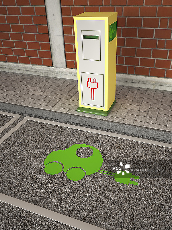 电动汽车充电站，绿色汽车标志上的沥青图片素材