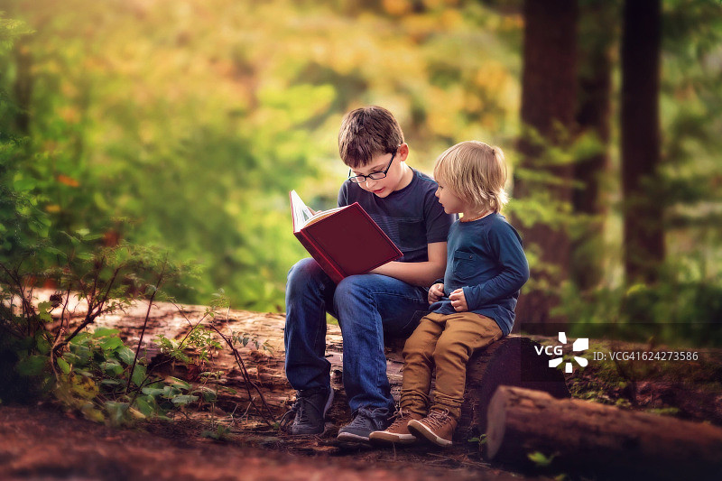 大一点的孩子在森林里大声读给小一点的孩子听图片素材