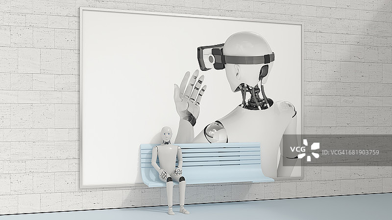 机器人坐在广告牌前的长凳上，3D渲染图片素材