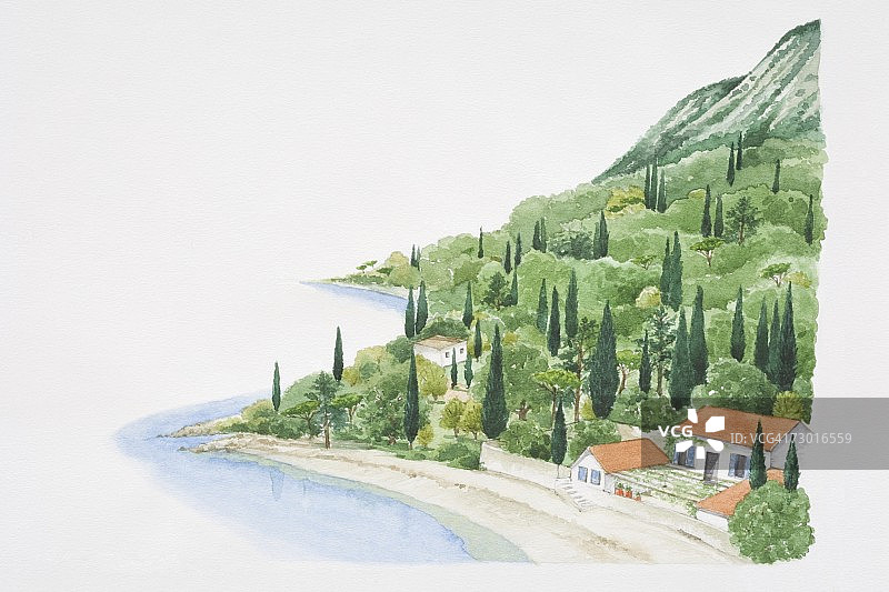 地中海的景观，显示在海滩上的房子，在底部的树木山坡。图片素材