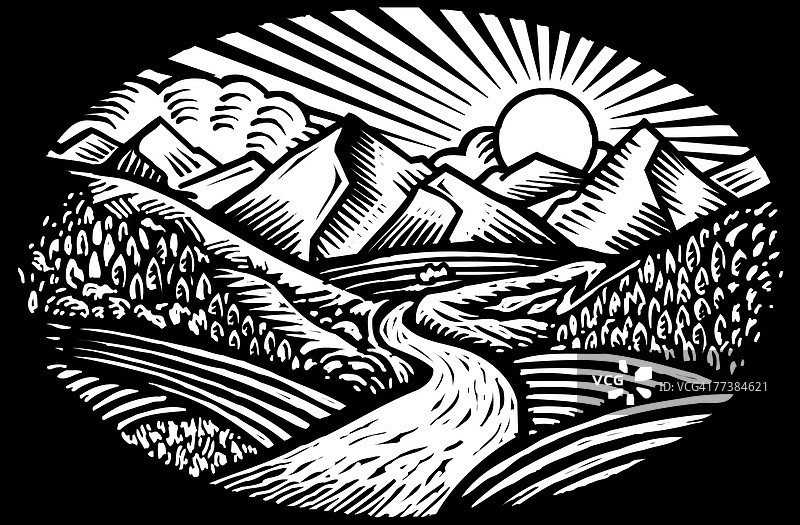 椭圆形的自然风光，山峦和溪流，黑白相间图片素材