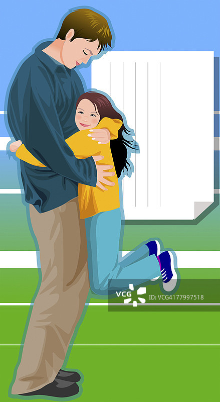 一个女孩拥抱她父亲的侧影图片素材