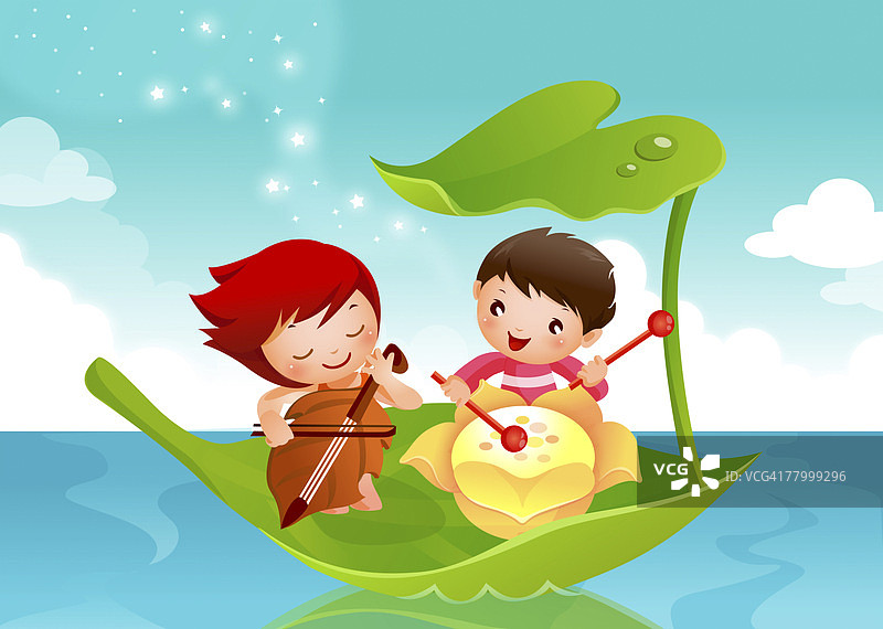 一个男孩和一个女孩在一片树叶上弹奏乐器图片素材