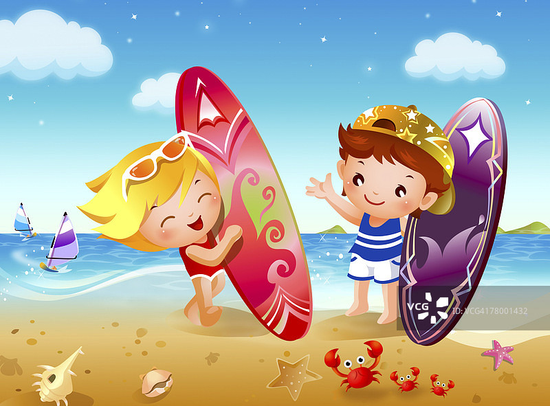 一个男孩和一个女孩在海滩上拿着冲浪板图片素材