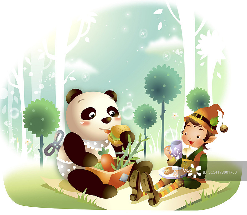 一个男孩和一只熊猫坐在野餐毯子上图片素材