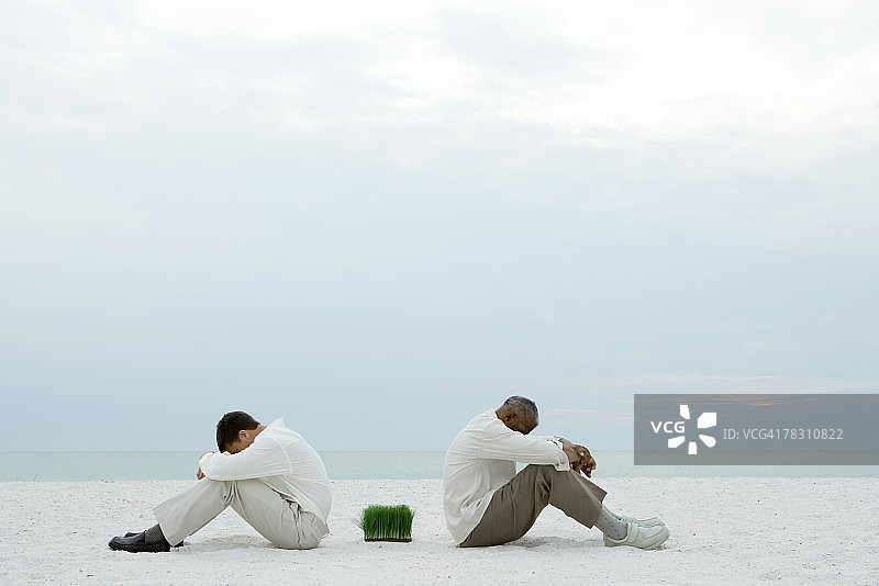 两个男人背靠背坐在海滩上，中间是草，两人都低着头图片素材