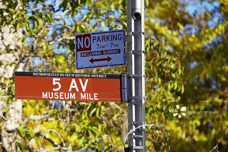 美国纽约州纽约市曼哈顿第五大道的杆子上禁止停车图片素材