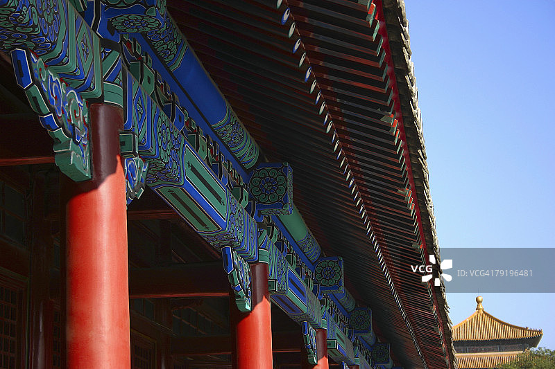 中国北京，紫禁城，一个宫殿的屋顶的低角度视图图片素材