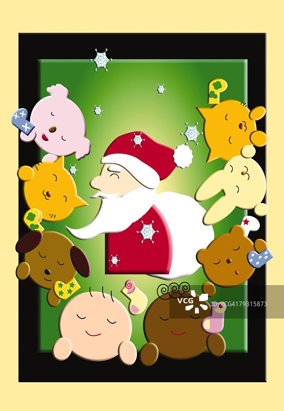 圣诞老人与孩子和动物，插图图片素材
