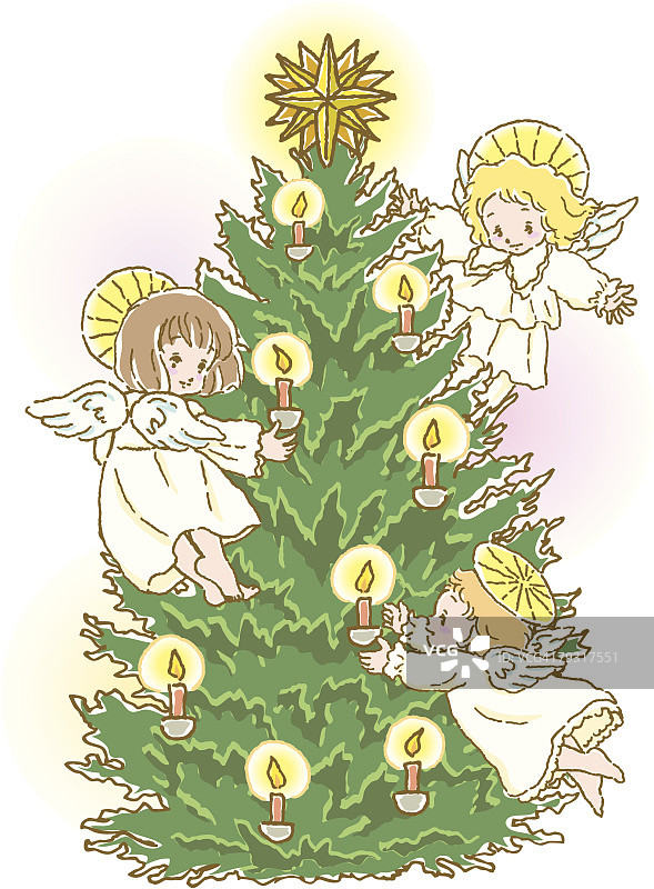 天使在圣诞树周围飞舞的画，插图图片素材