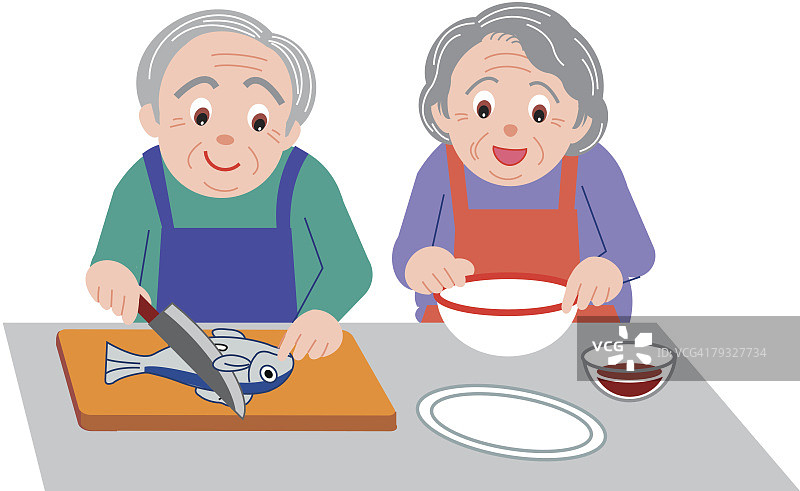 老男人煮鱼，老女人捧碗，正面观图片素材