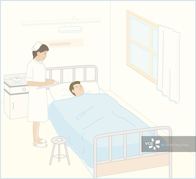 护士站在睡着的病人旁边，画插图图片素材