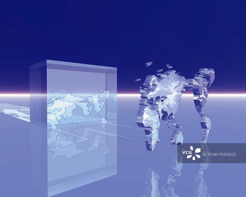 正方形水晶反射世界地图，蓝色背景，计算机图形，组成图片素材