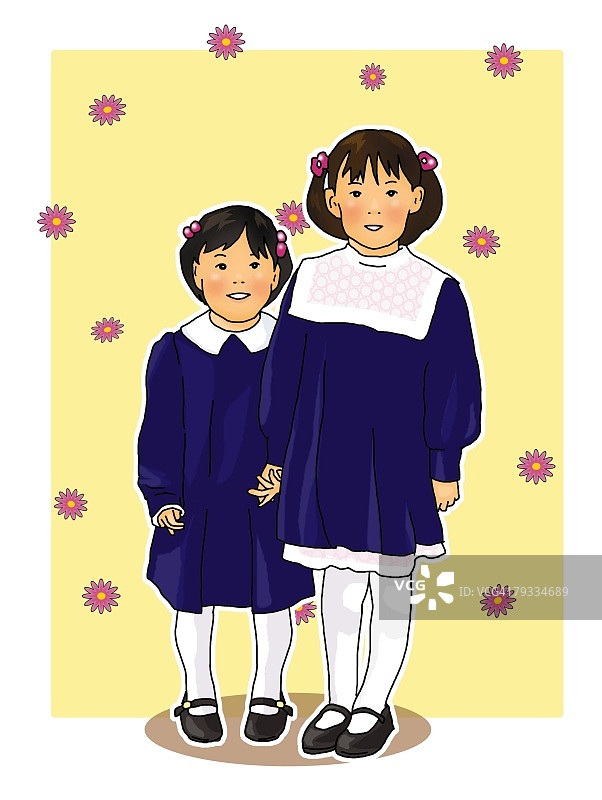 两个女孩的肖像穿着正式，并排站着，正面视图，白色背景，剪出图片素材
